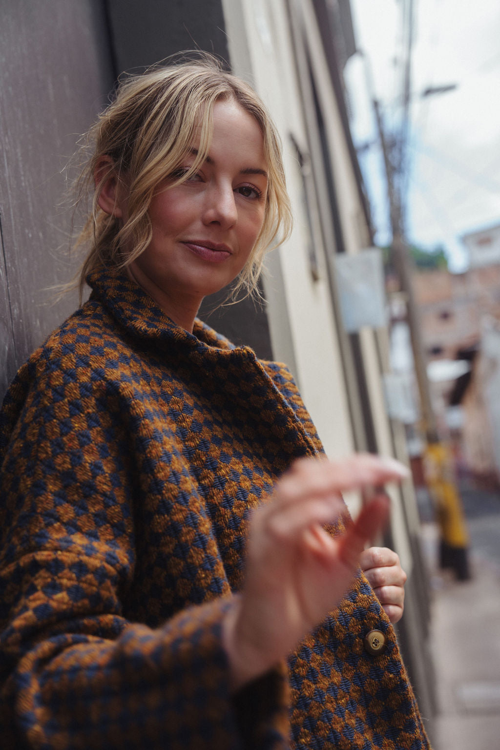 Portuguese Wool Pieper Coat in Brown and Navy Small Check Made to Order