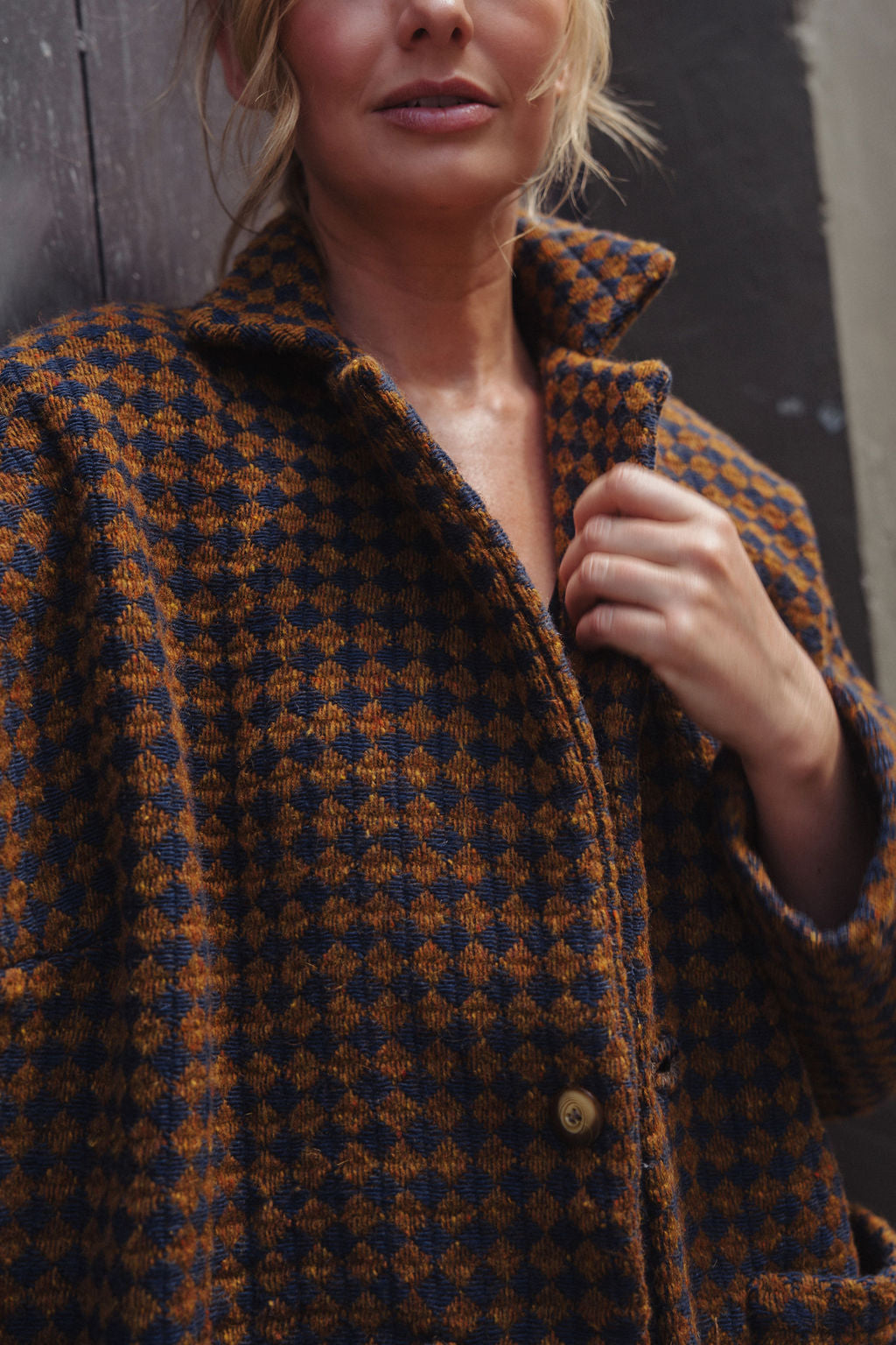 Portuguese Wool Pieper Coat in Brown and Navy Small Check Made to Order
