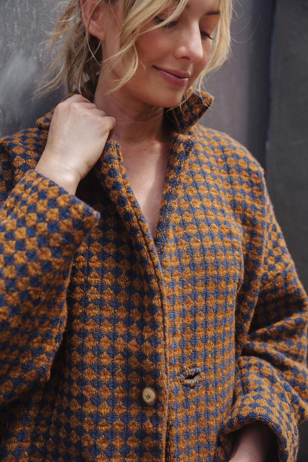 Portuguese Wool Pieper Coat in Brown and Navy Small Check Made to Order