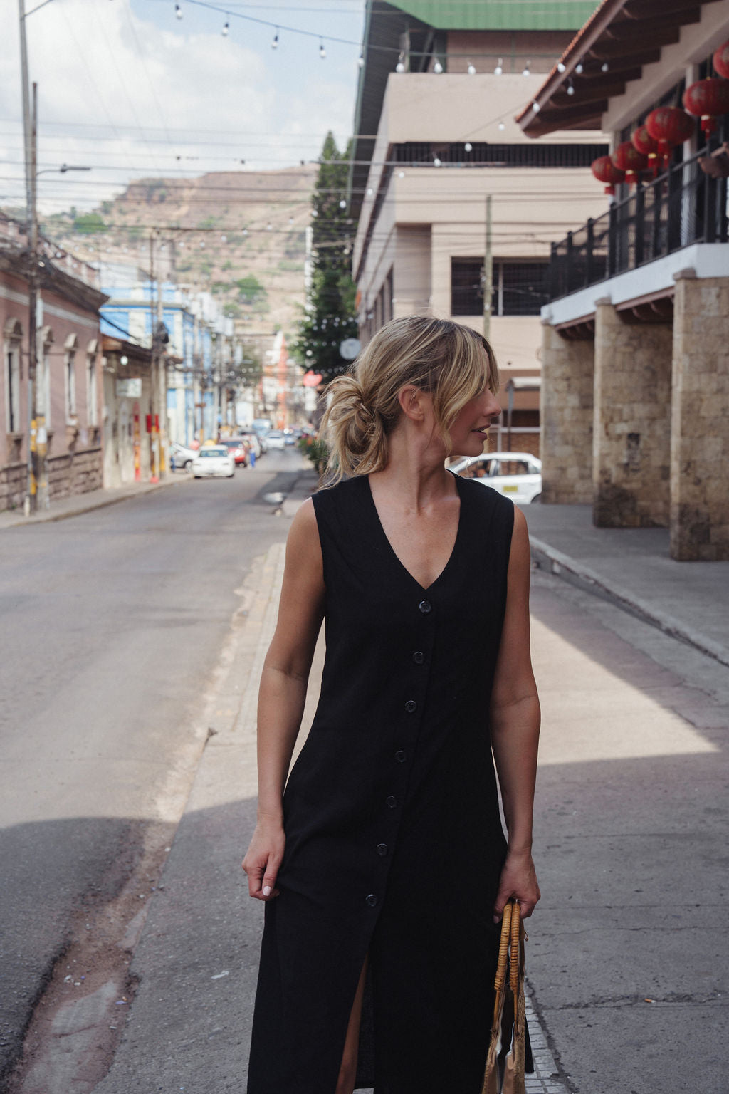Marcy Midi Dress in Black Linen