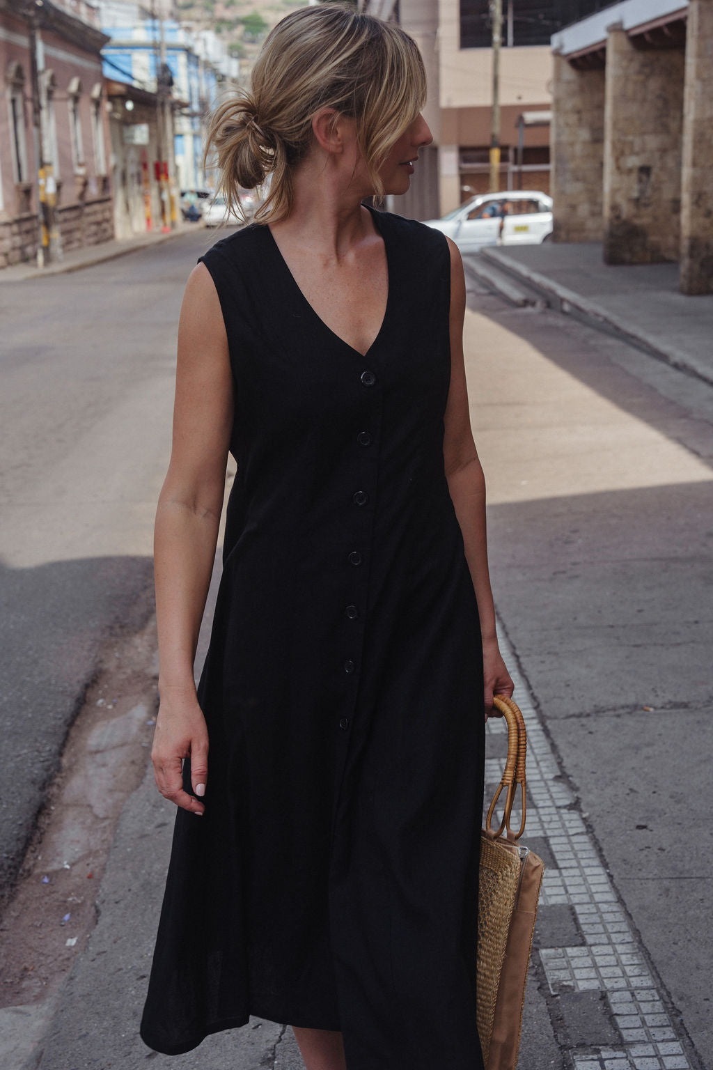 Marcy Midi Dress in Black Linen