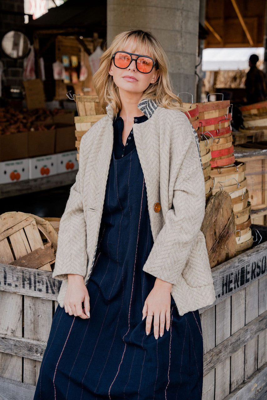 Portuguese Wool Pieper Coat in Neutral Mix-Match Herringbone Made to Order