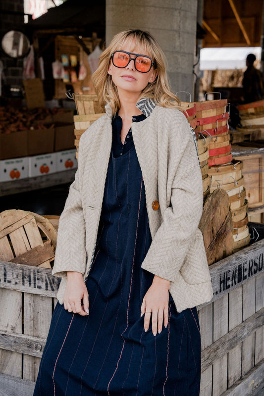 Portuguese Wool Pieper Coat in Neutral Mix-Match Herringbone Made to Order
