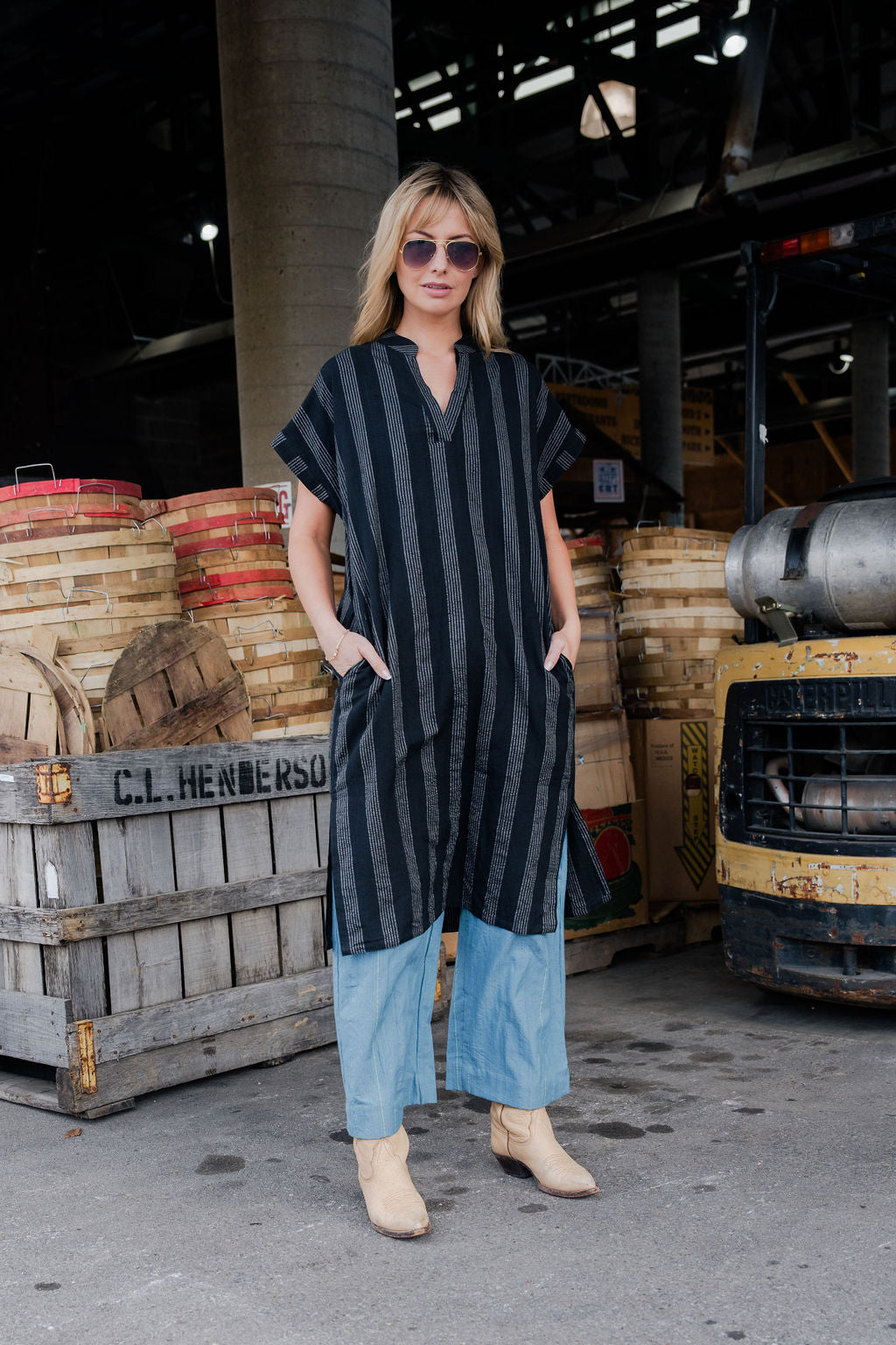 Paula Handwoven Cotton Tunic Dress in Black and White Stripe - XS Left