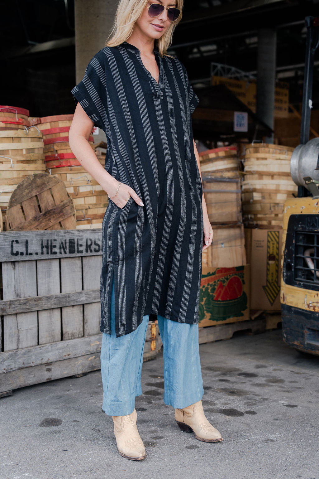Paula Handwoven Cotton Tunic Dress in Black and White Stripe - XS Left