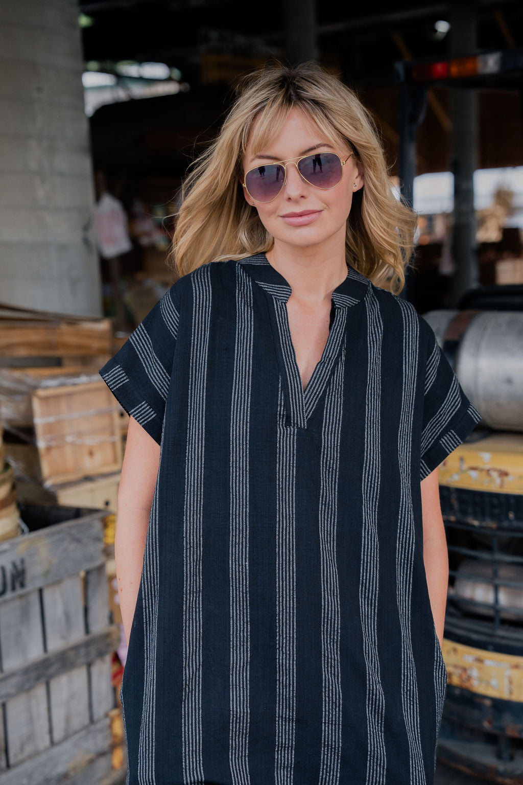 Paula Handwoven Cotton Tunic Dress in Black and White Stripe - XS Left