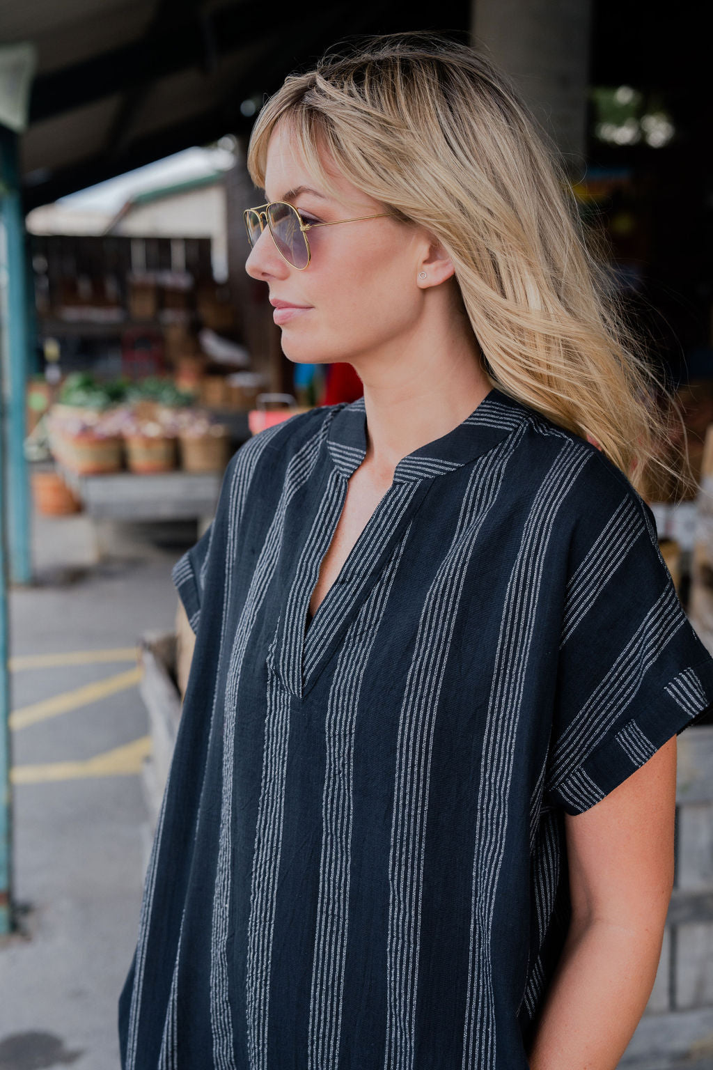 Paula Handwoven Cotton Tunic Dress in Black and White Stripe - XS Left