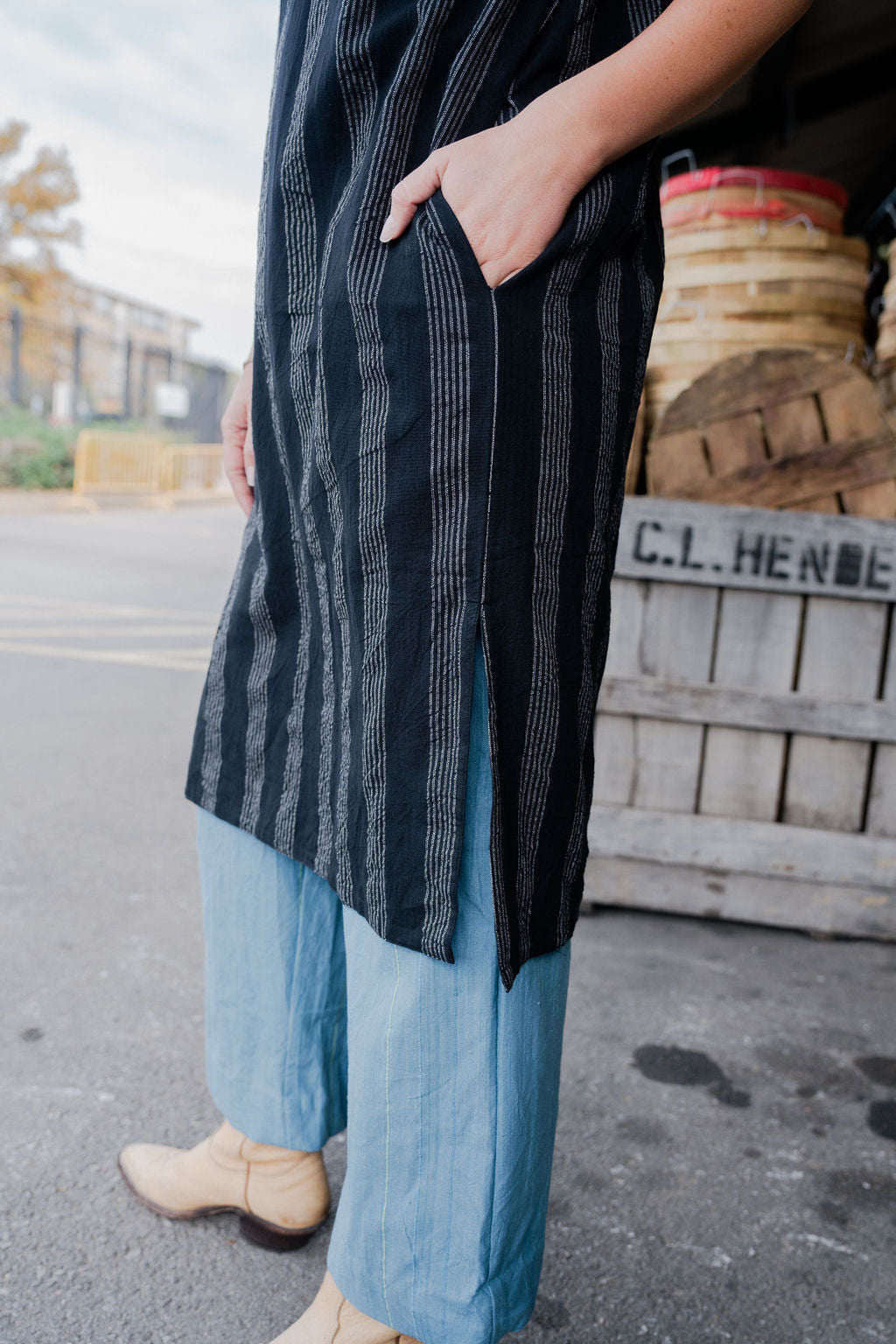 Paula Handwoven Cotton Tunic Dress in Black and White Stripe - XS Left