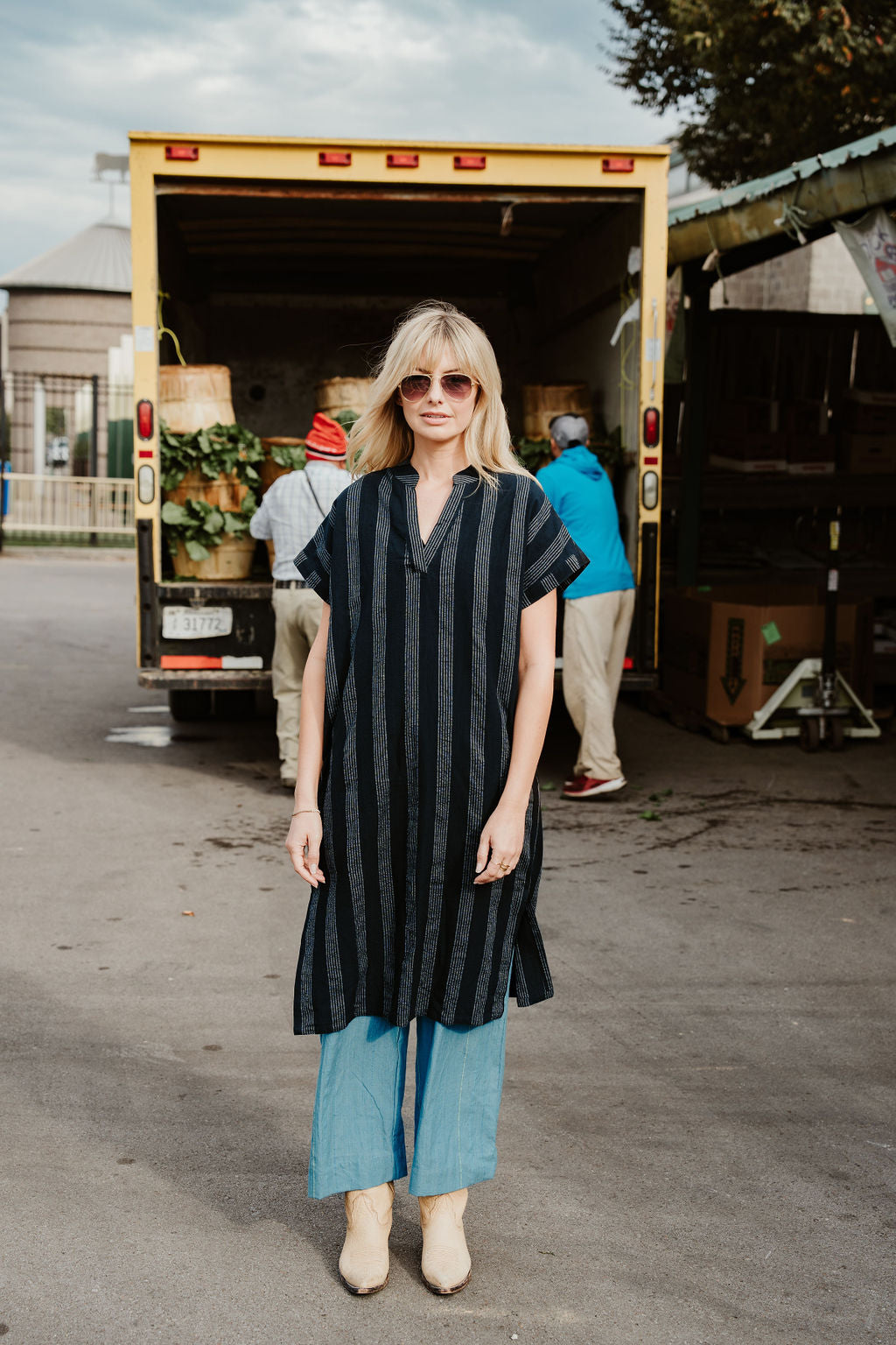 Paula Handwoven Cotton Tunic Dress in Black and White Stripe - XS Left