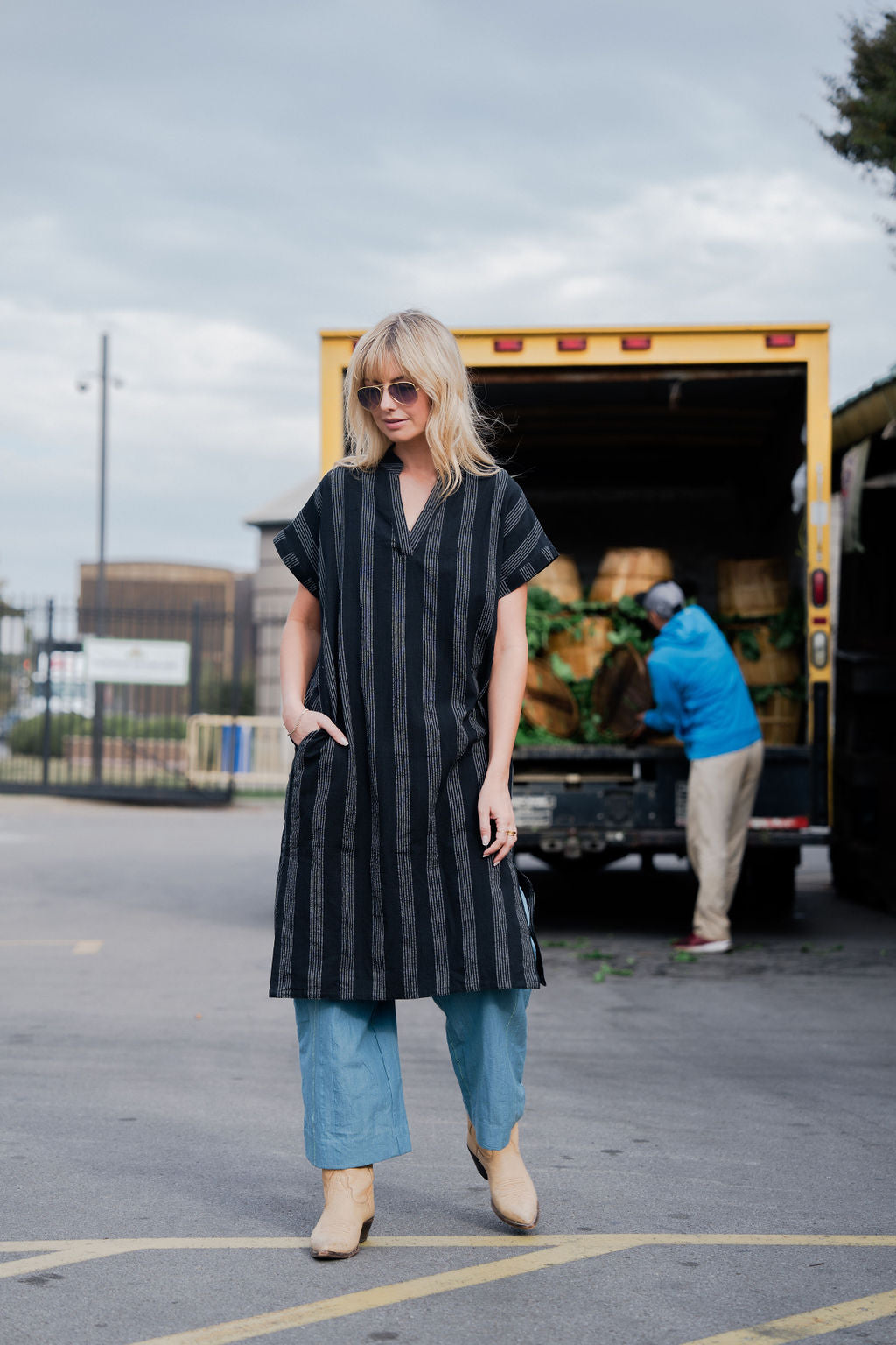 Paula Handwoven Cotton Tunic Dress in Black and White Stripe - XS Left