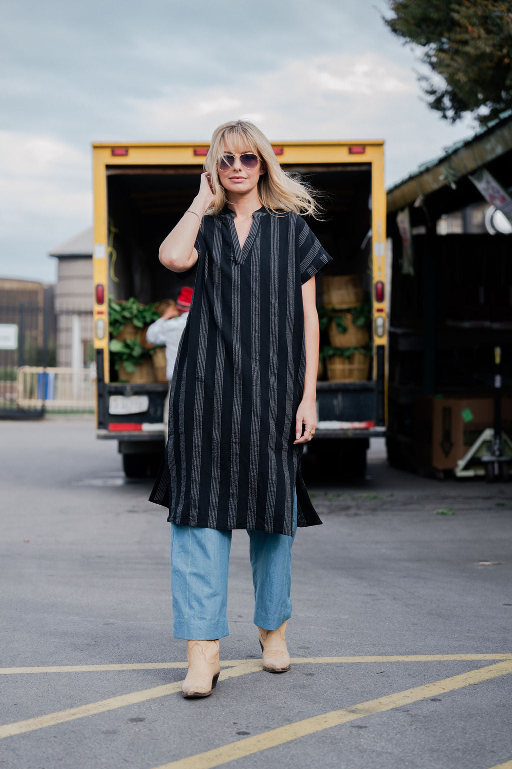 Paula Handwoven Cotton Tunic Dress in Black and White Stripe - XS Left