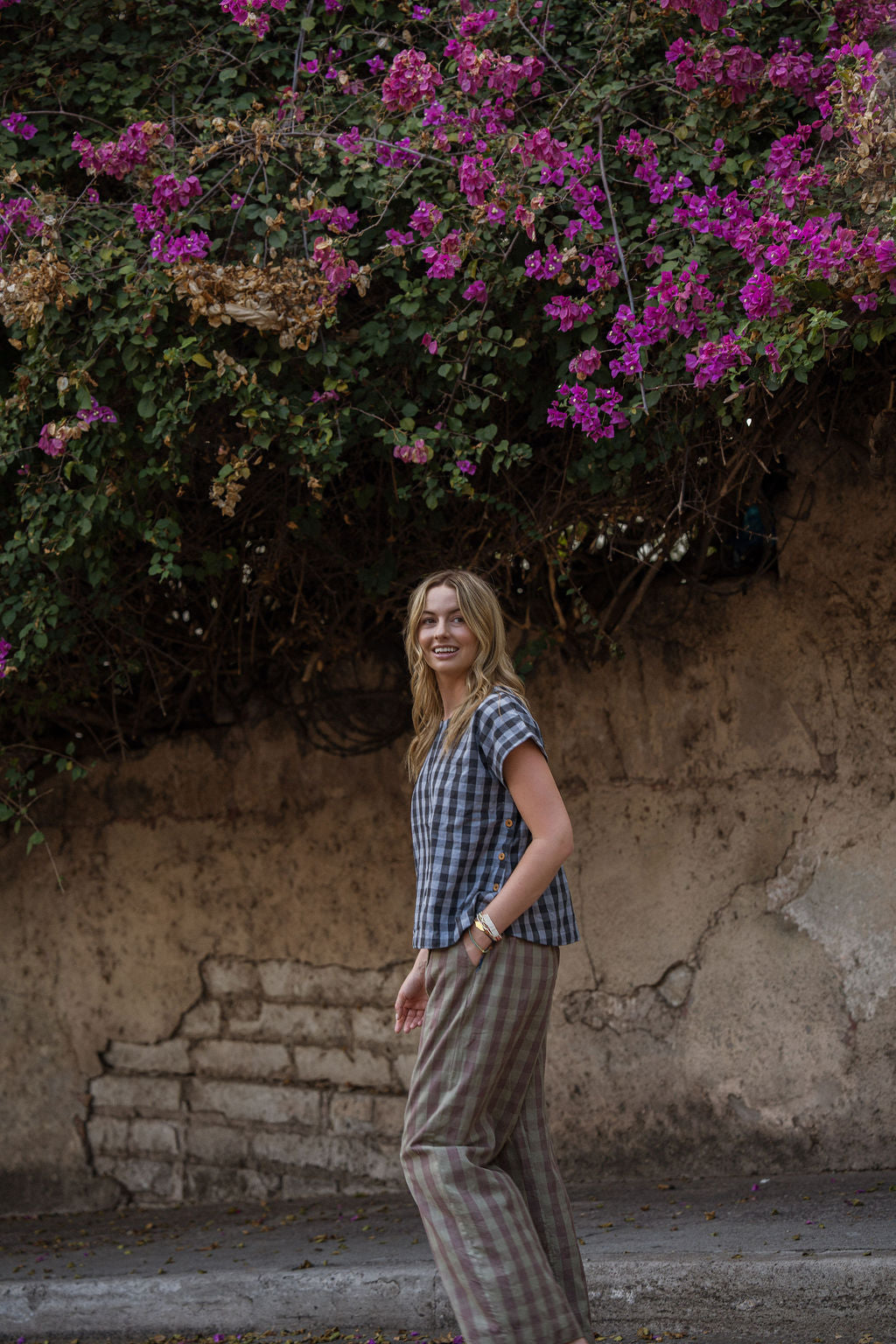 Katie Handwoven Cotton Pants in Mauve Gingham Made to Order