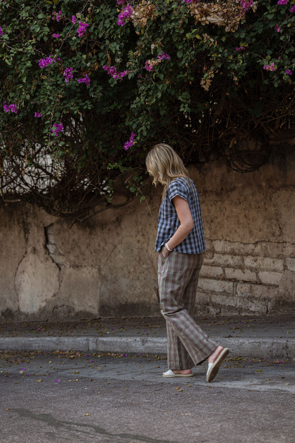 Katie Handwoven Cotton Pants in Mauve Gingham Made to Order