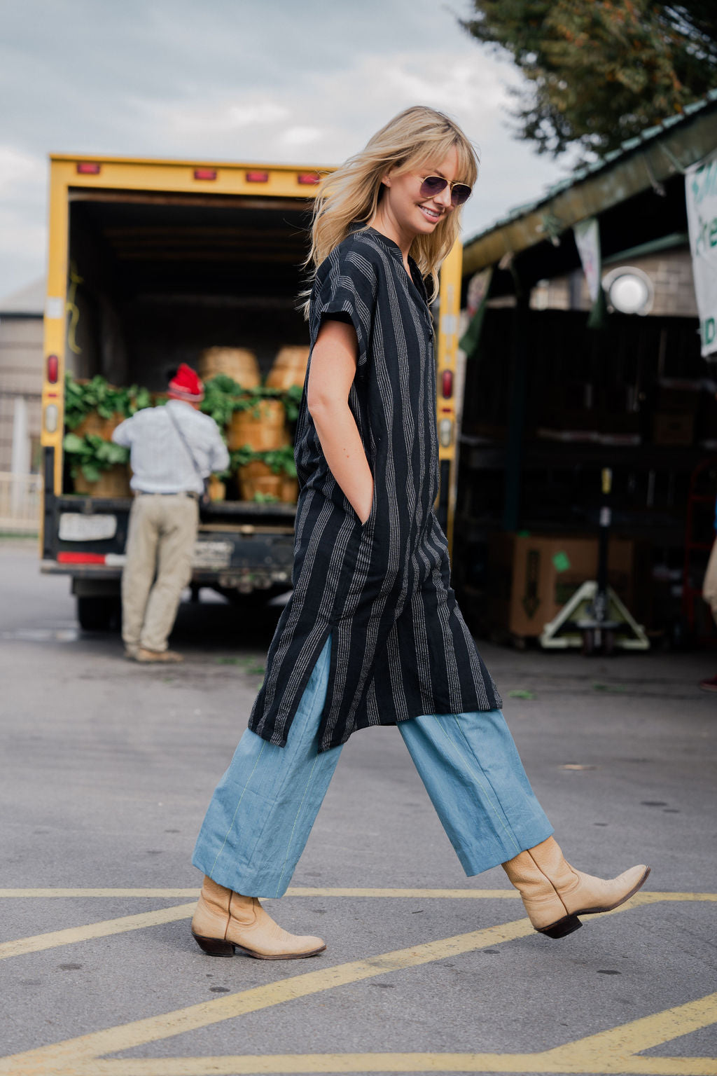 Paula Handwoven Cotton Tunic Dress in Black and White Stripe - XS Left