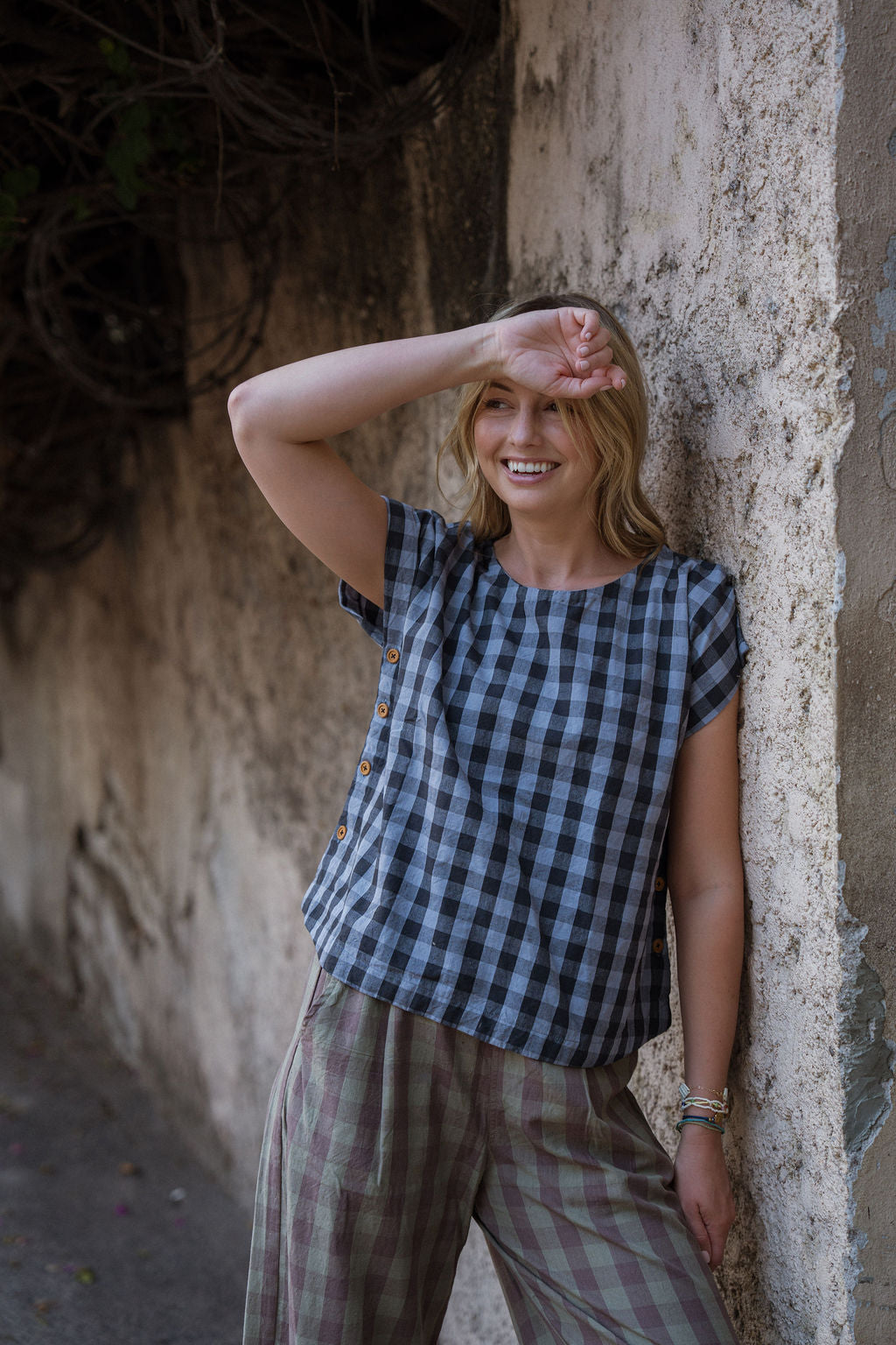 Katie Handwoven Cotton Pants in Mauve Gingham Made to Order