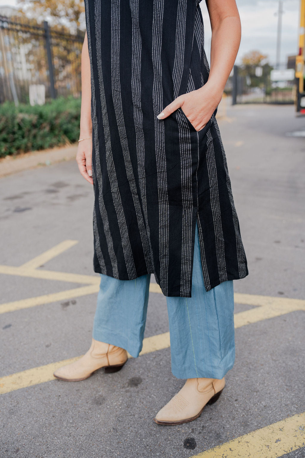 Paula Handwoven Cotton Tunic Dress in Black and White Stripe - XS Left