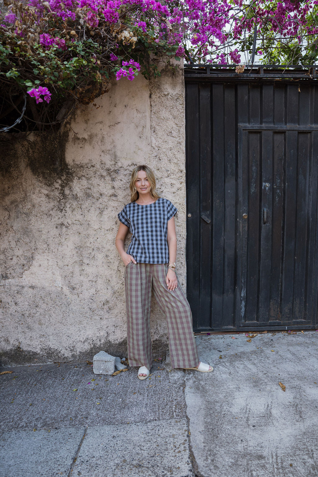 Katie Handwoven Cotton Pants in Mauve Gingham Made to Order
