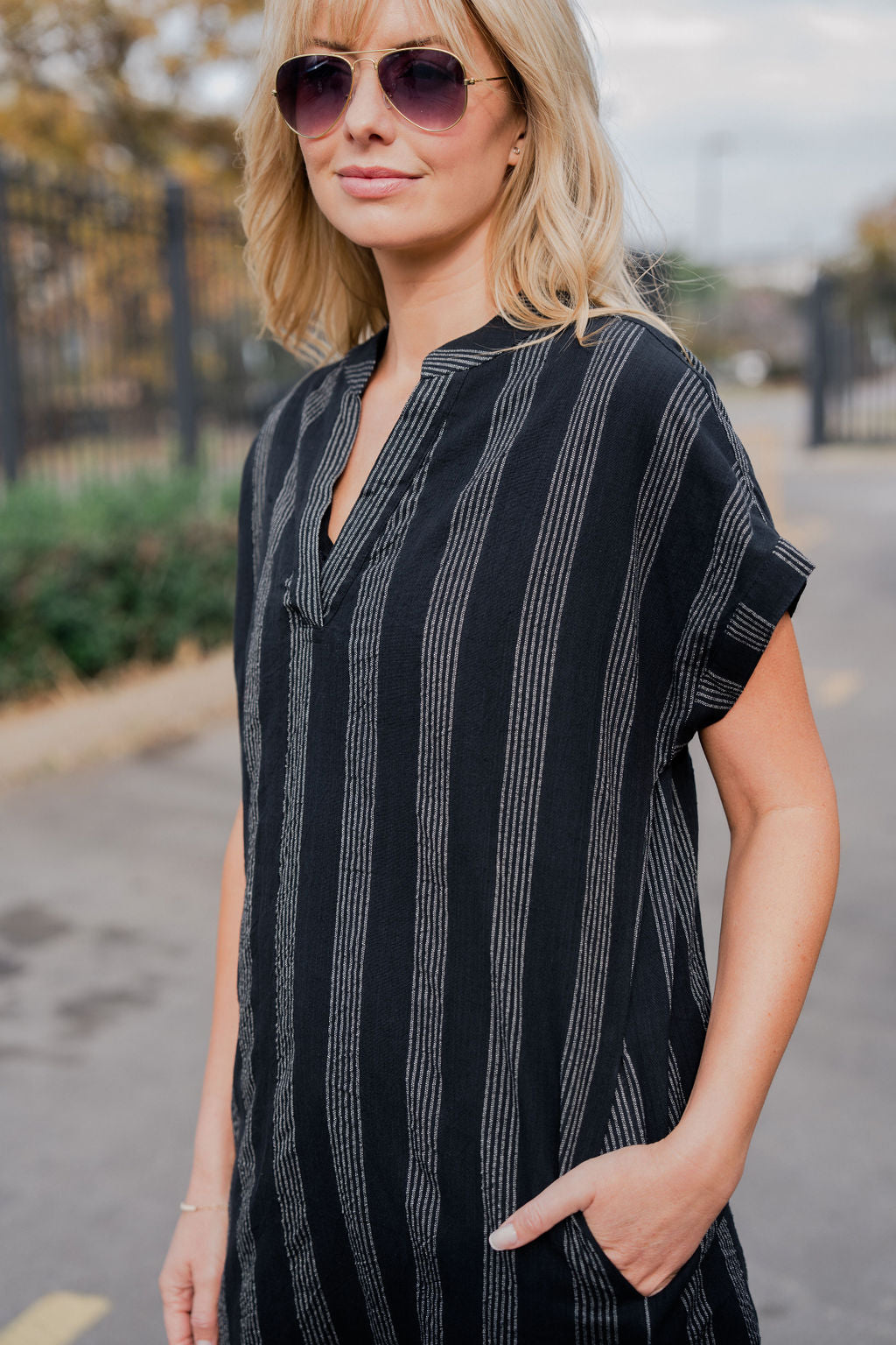 Paula Handwoven Cotton Tunic Dress in Black and White Stripe - XS Left