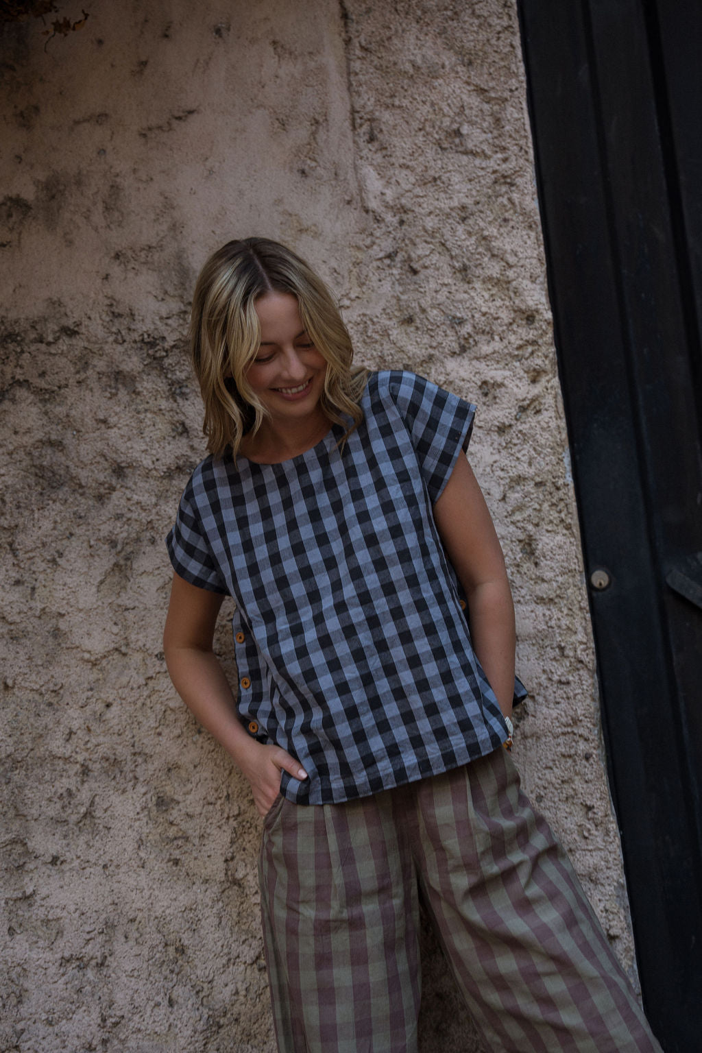 Katie Handwoven Cotton Pants in Mauve Gingham Made to Order