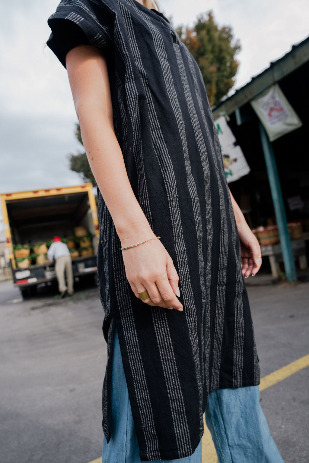 Paula Handwoven Cotton Tunic Dress in Black and White Stripe - XS Left