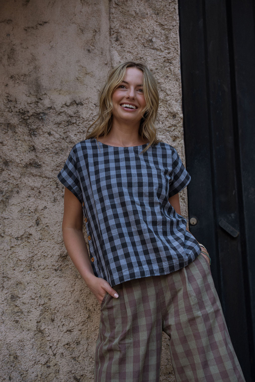 Katie Handwoven Cotton Pants in Mauve Gingham Made to Order