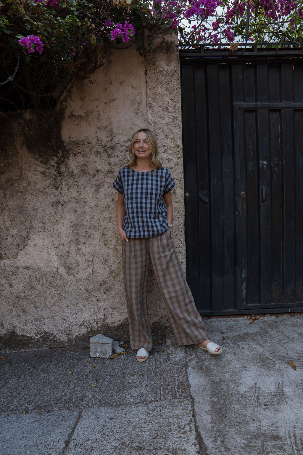 Katie Handwoven Cotton Pants in Mauve Gingham Made to Order