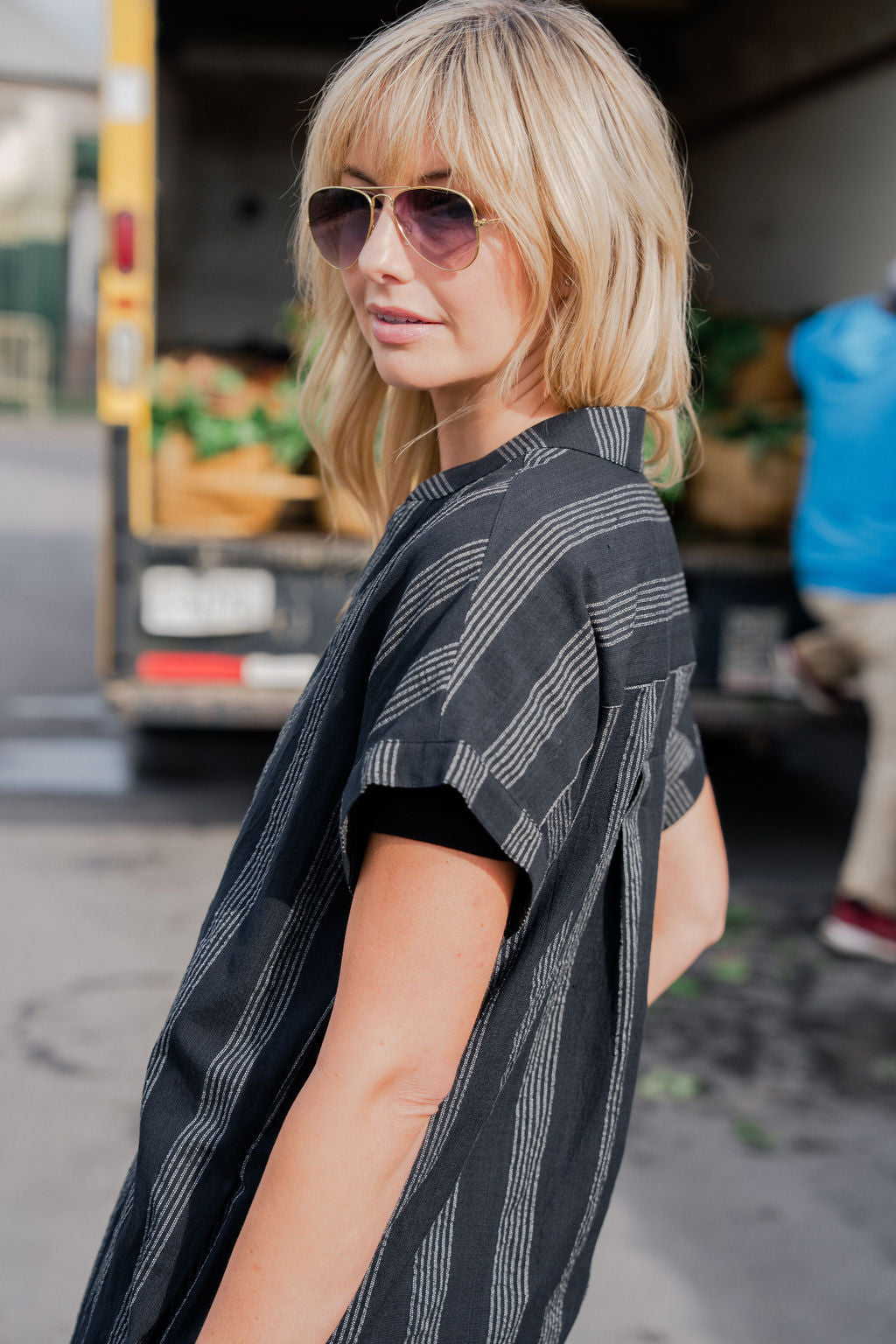 Paula Handwoven Cotton Tunic Dress in Black and White Stripe - XS Left