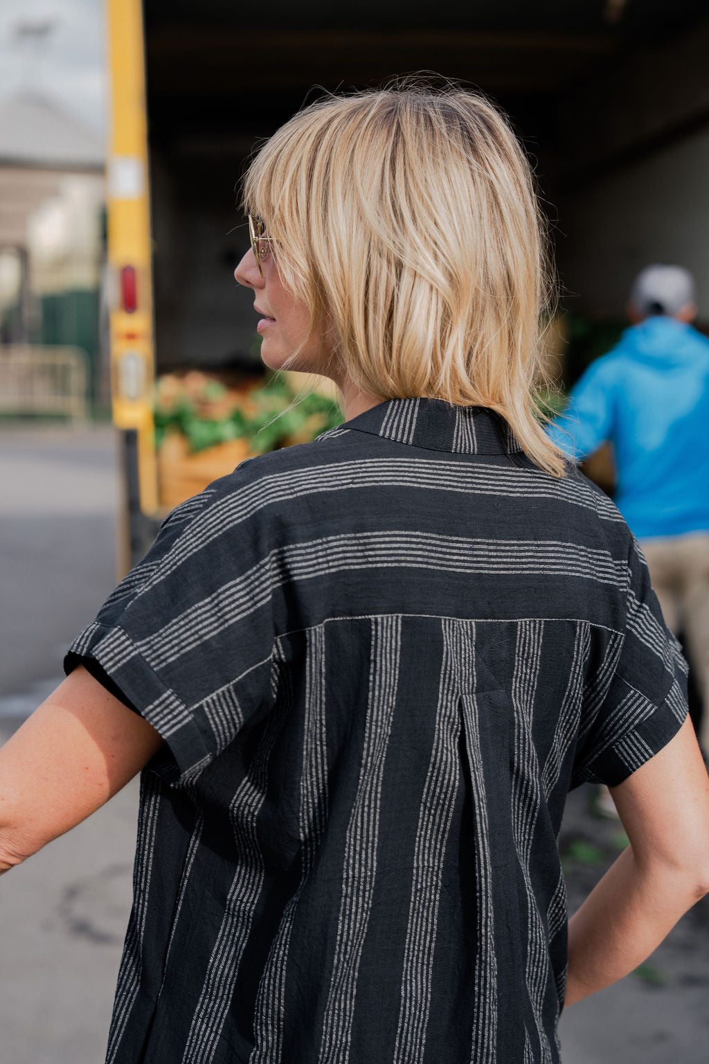 Paula Handwoven Cotton Tunic Dress in Black and White Stripe - XS Left