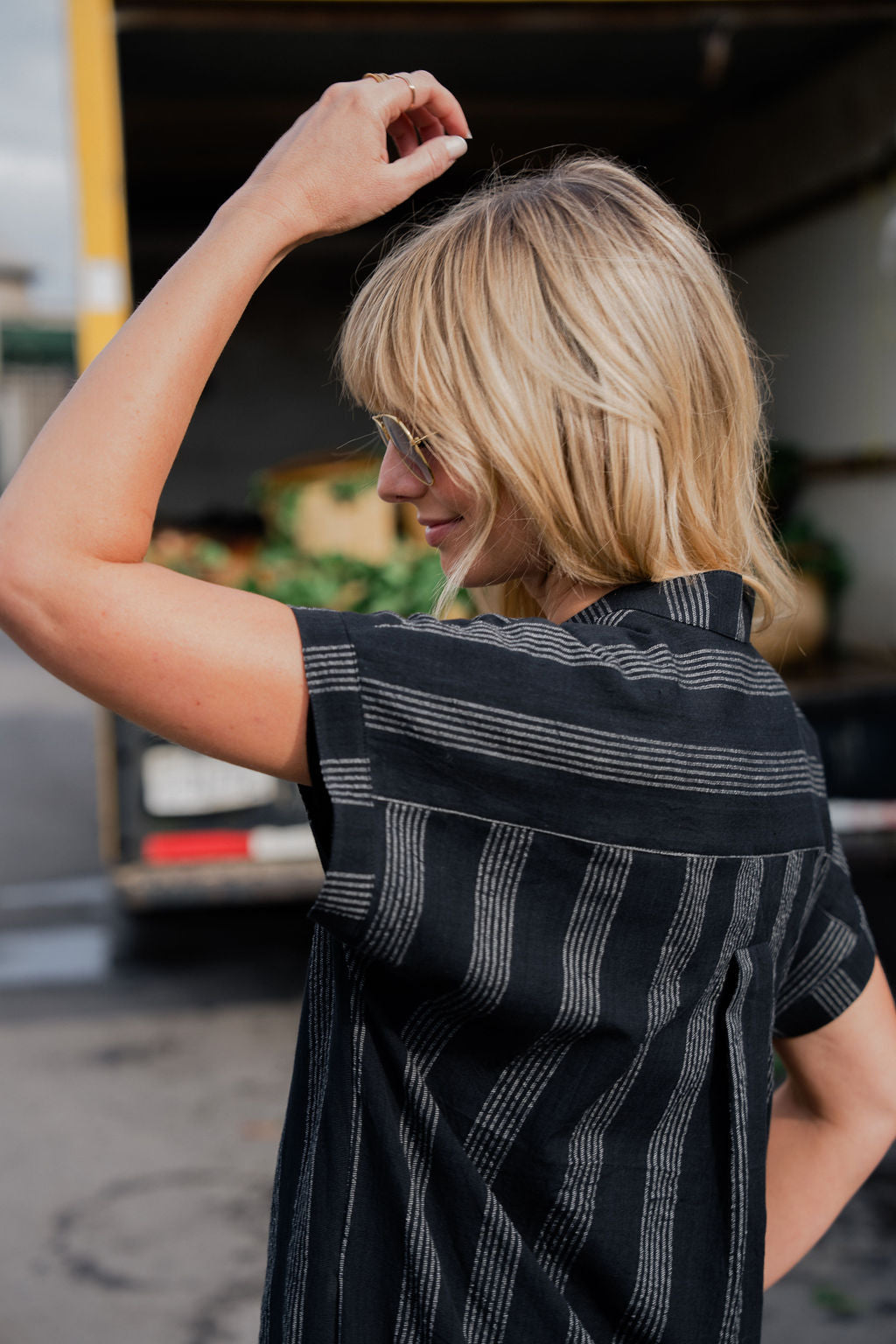 Paula Handwoven Cotton Tunic Dress in Black and White Stripe - XS Left
