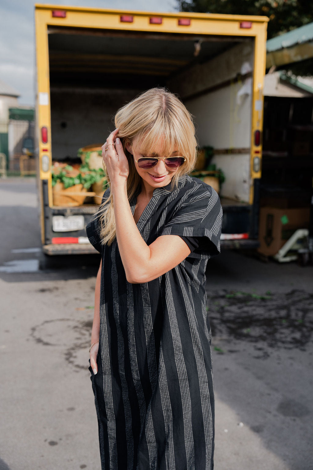 Paula Handwoven Cotton Tunic Dress in Black and White Stripe - XS Left