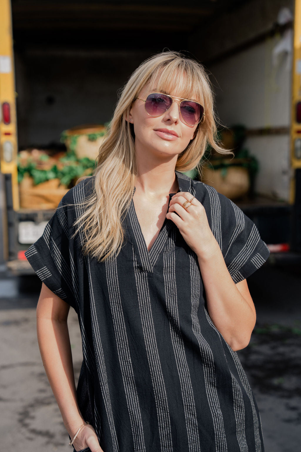 Paula Handwoven Cotton Tunic Dress in Black and White Stripe - XS Left