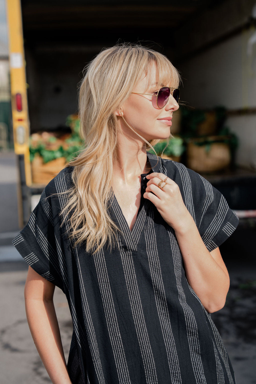 Paula Handwoven Cotton Tunic Dress in Black and White Stripe - XS Left