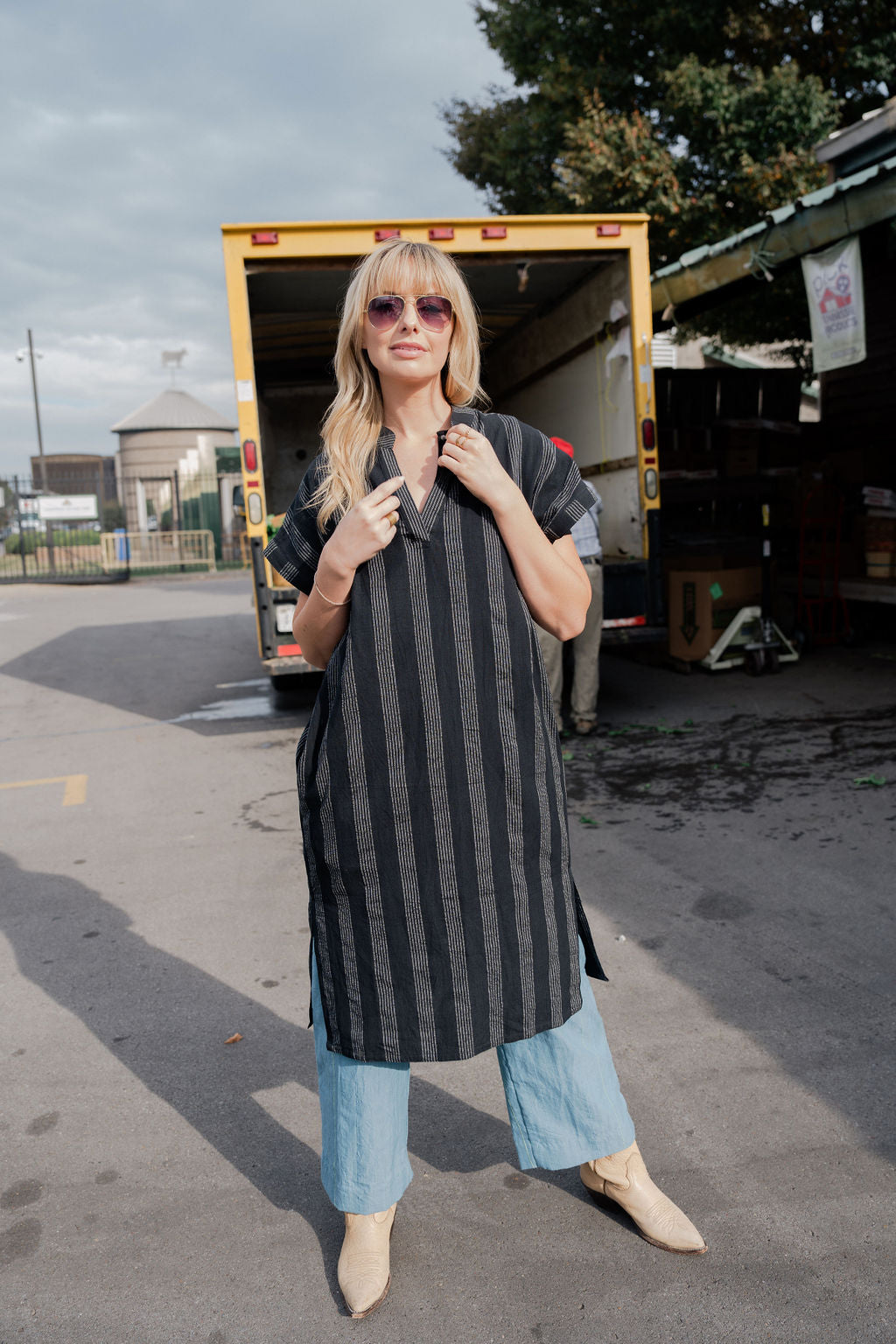 Paula Handwoven Cotton Tunic Dress in Black and White Stripe - XS Left