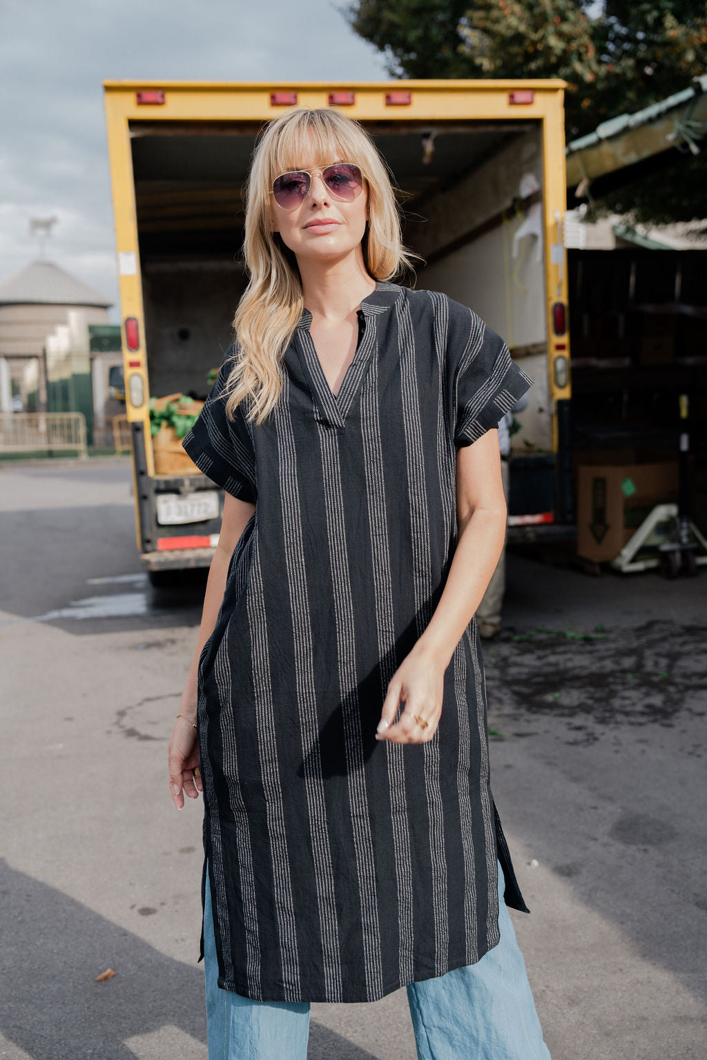 Paula Handwoven Cotton Tunic Dress in Black and White Stripe - XS Left