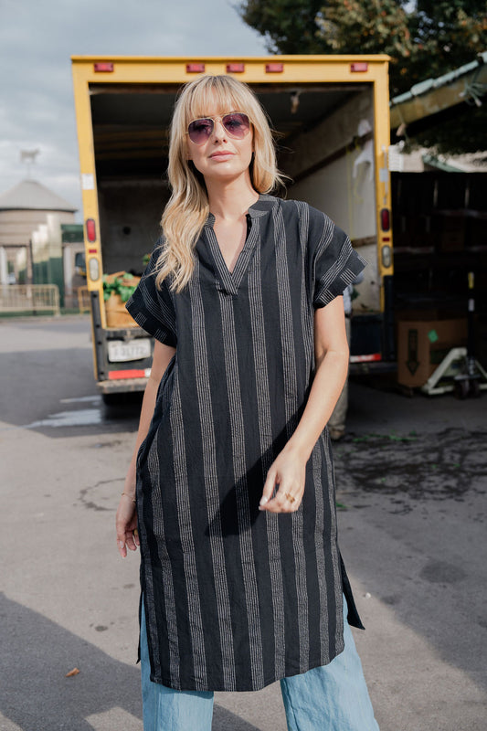 Paula Handwoven Cotton Tunic Dress in Black and White Stripe Made to Order