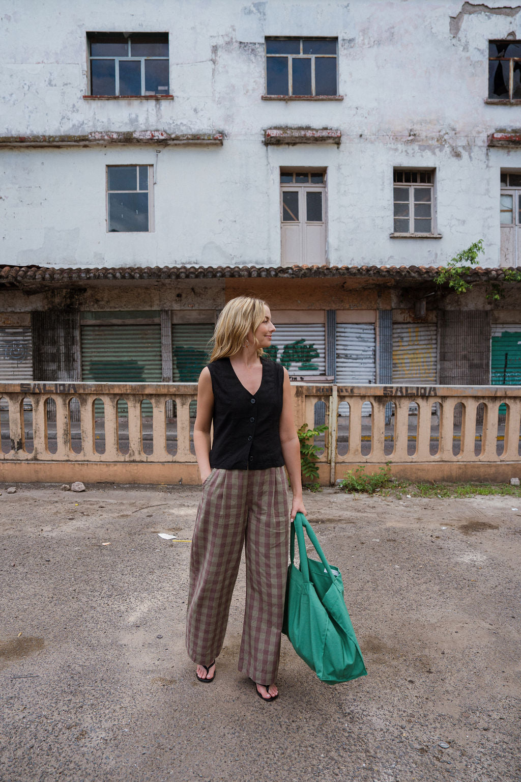 Katie Handwoven Cotton Pants in Mauve Gingham Made to Order