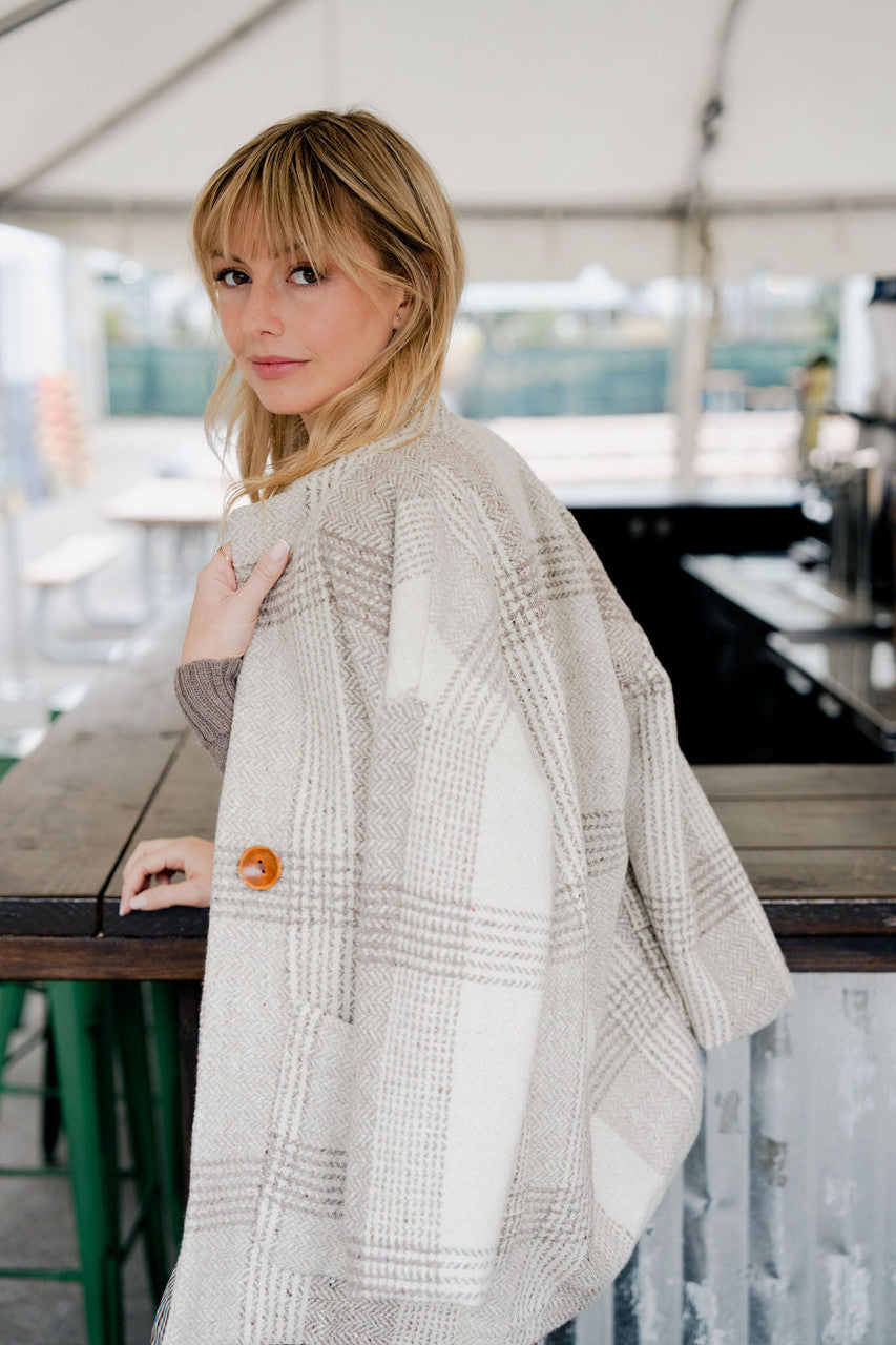 Portuguese Wool Pieper Coat in Cream and Brown Plaid Made to Order