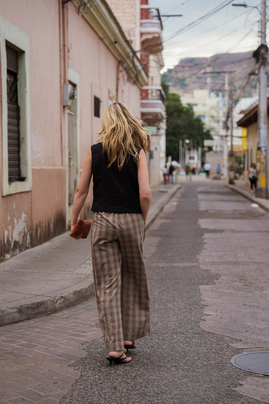 Katie Handwoven Cotton Pants in Mauve Gingham Made to Order