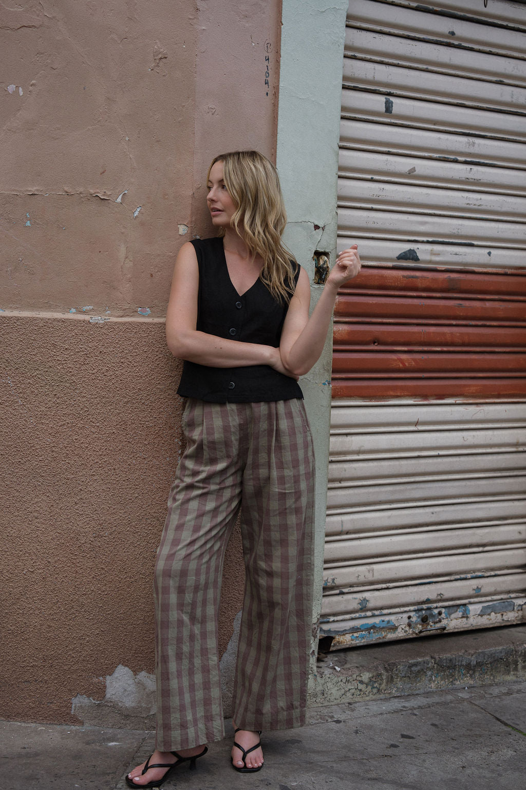 Katie Handwoven Cotton Pants in Mauve Gingham Made to Order