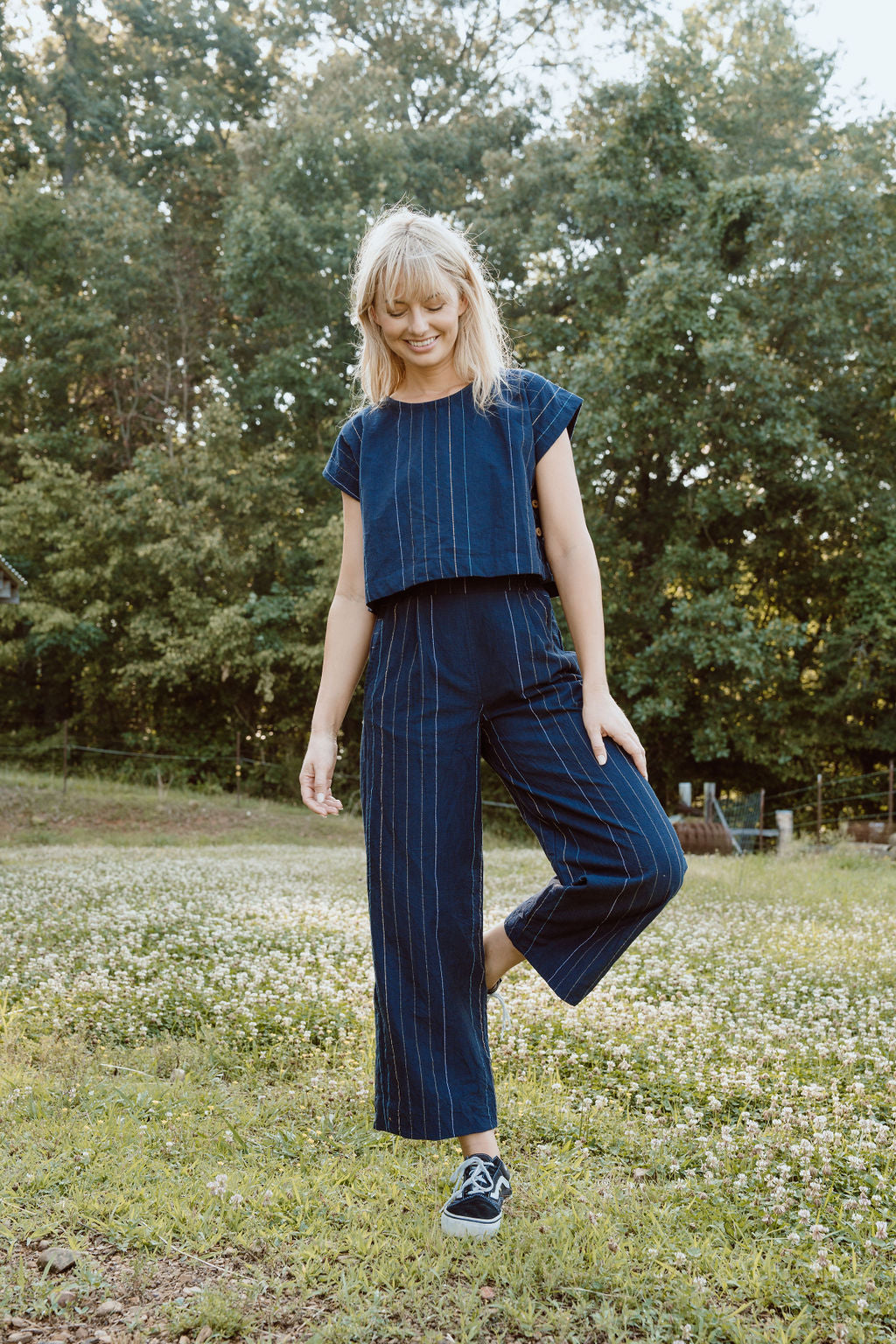 Katie Handwoven Cotton Set in Navy Pin Stripe Made to Order