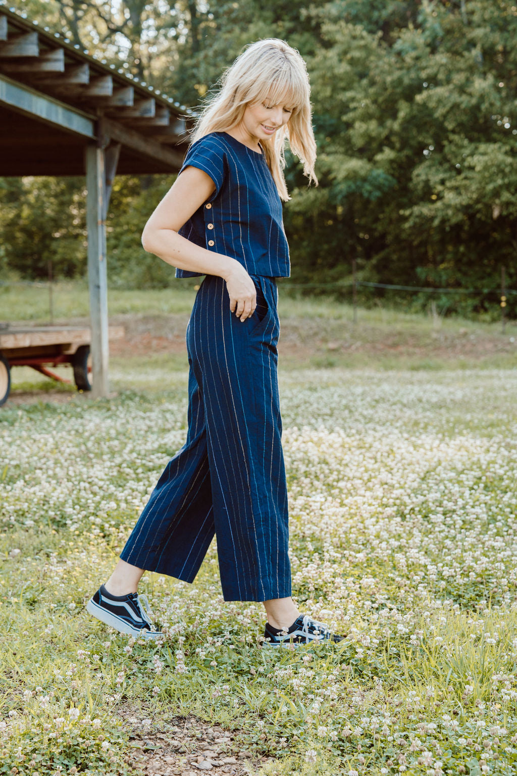 Katie Handwoven Cotton Set in Navy Pin Stripe Made to Order