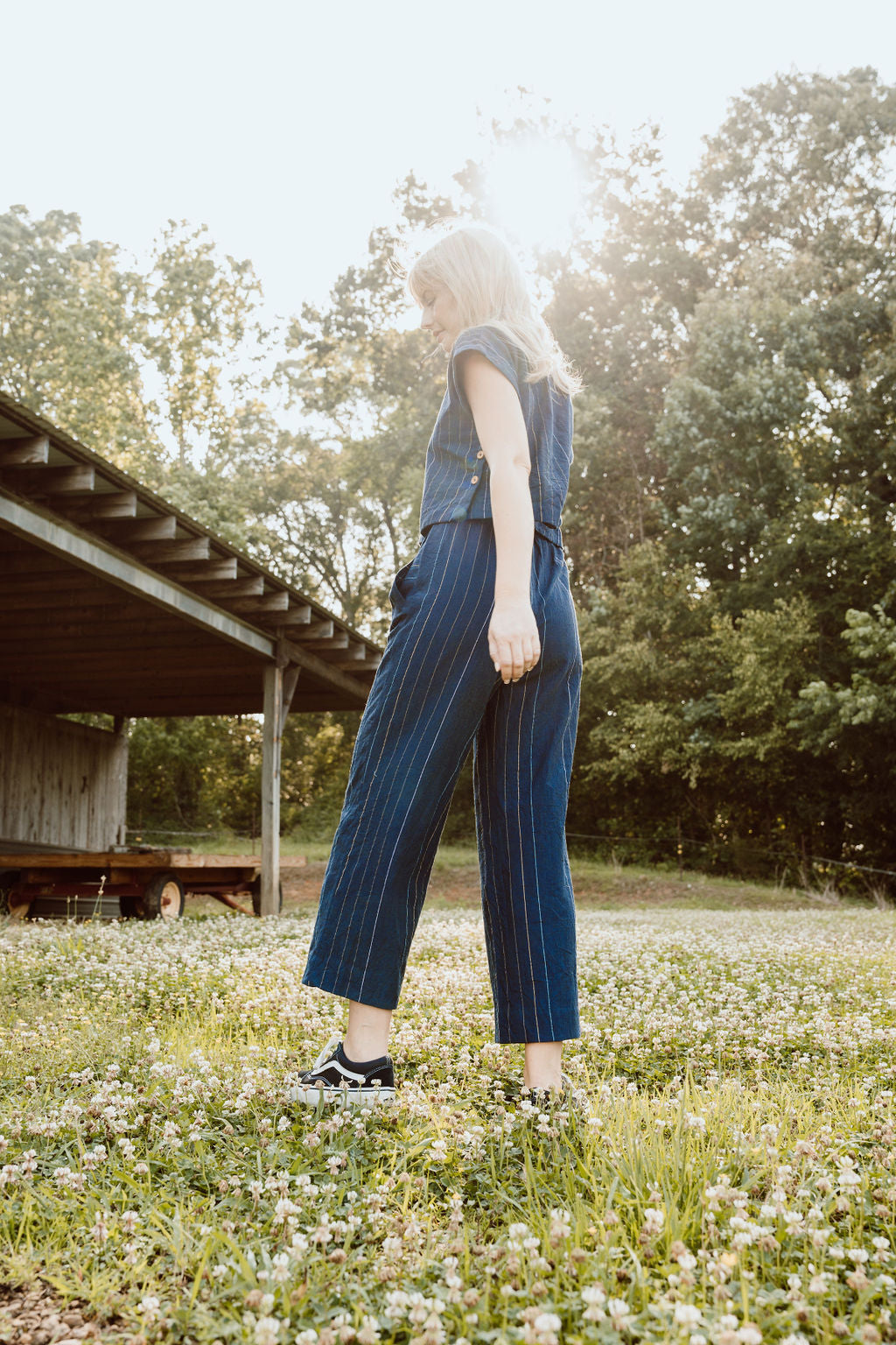 Katie Handwoven Cotton Set in Navy Pin Stripe Made to Order