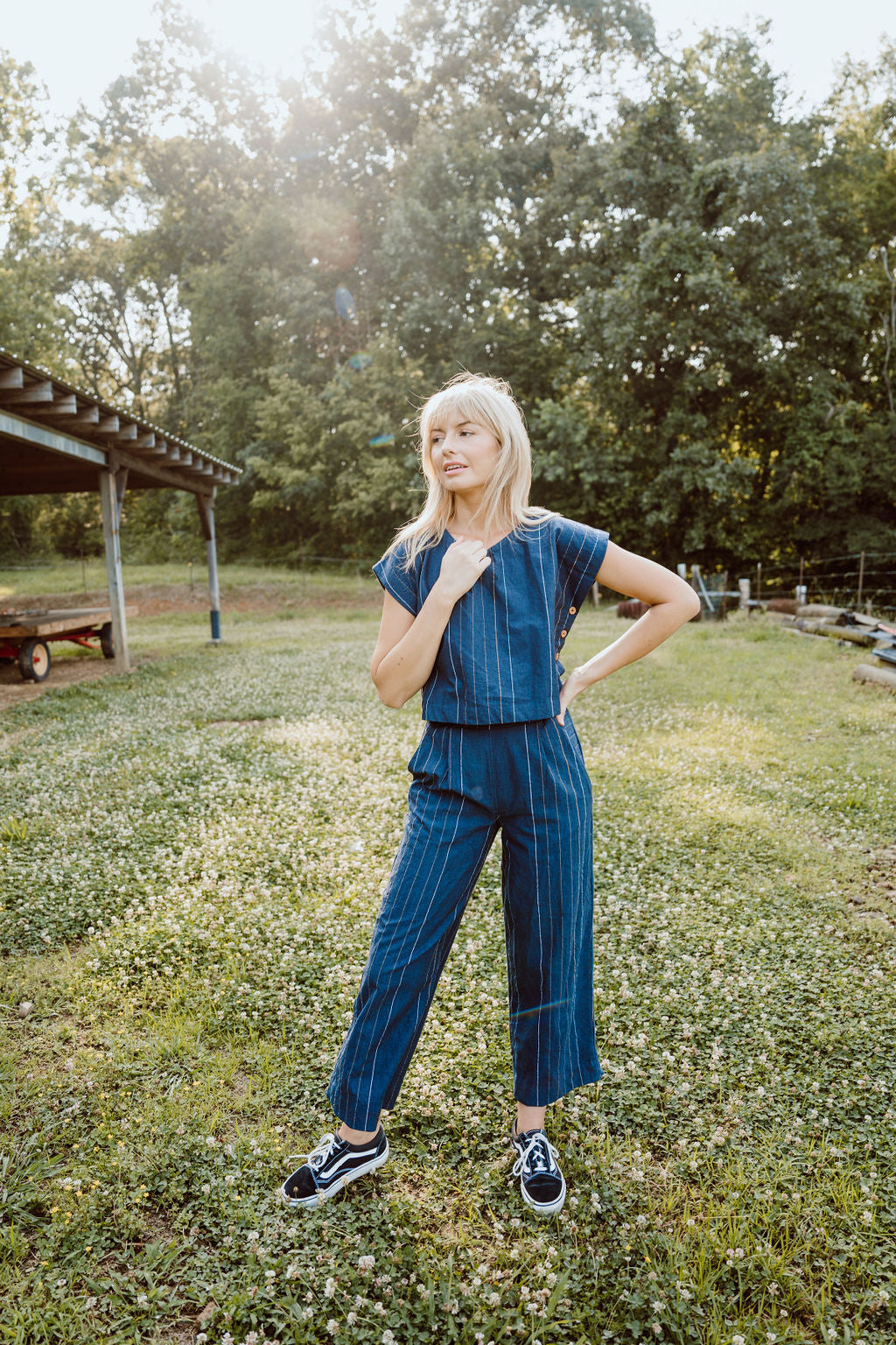 Katie Handwoven Cotton Set in Navy Pin Stripe Made to Order