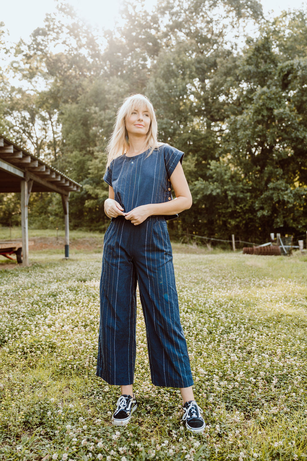 Katie Handwoven Cotton Set in Navy Pin Stripe Made to Order