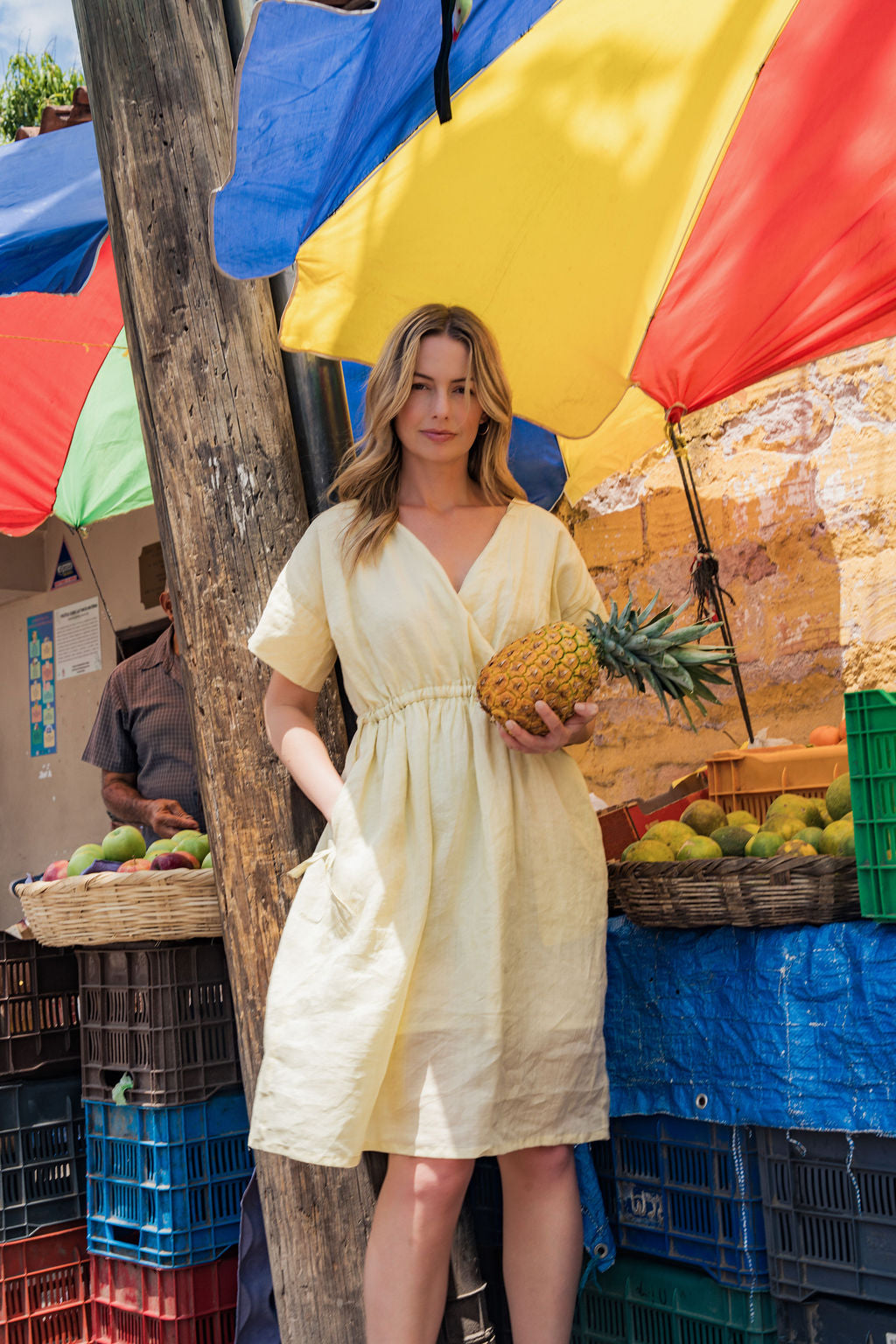 Rose Drawstring Dress in Pale Yellow Linen