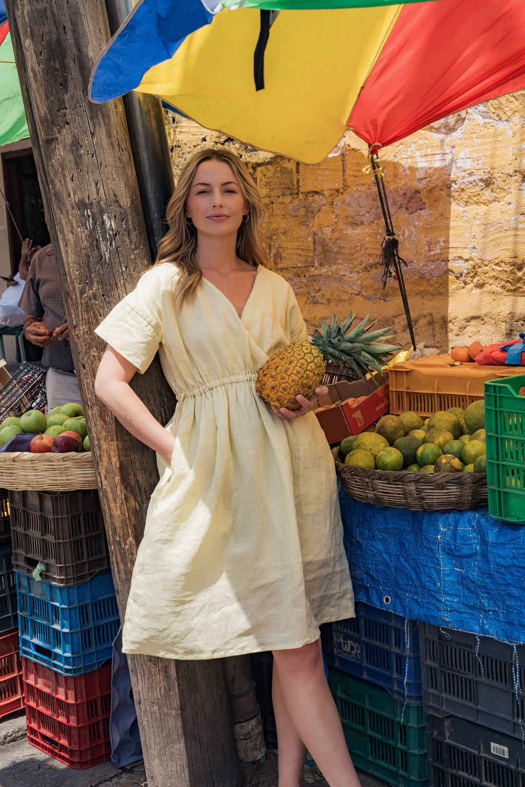 Rose Drawstring Dress in Pale Yellow Linen
