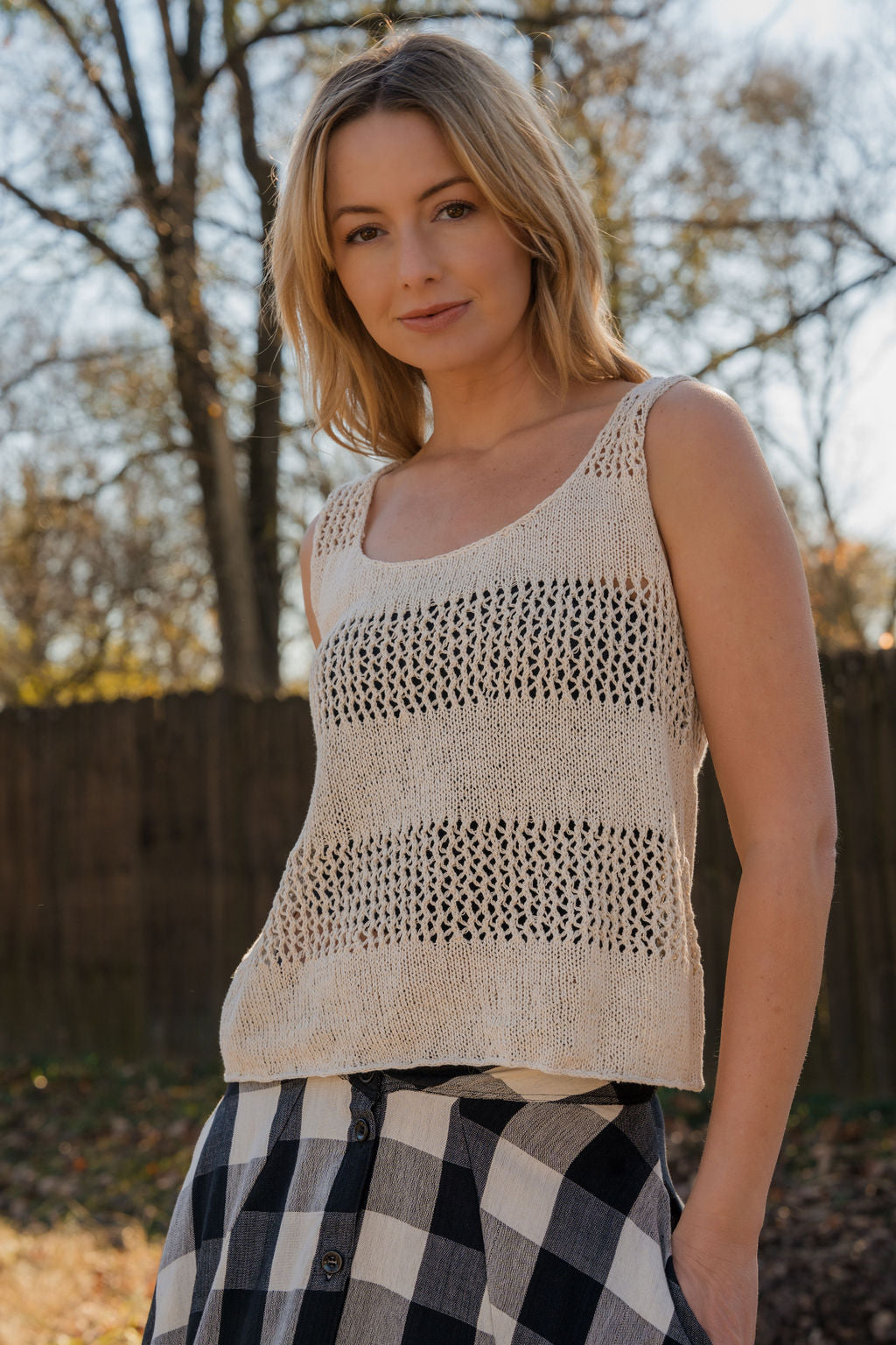 Lindy Hand Knit Cotton Lace Tank in Mauve Brown