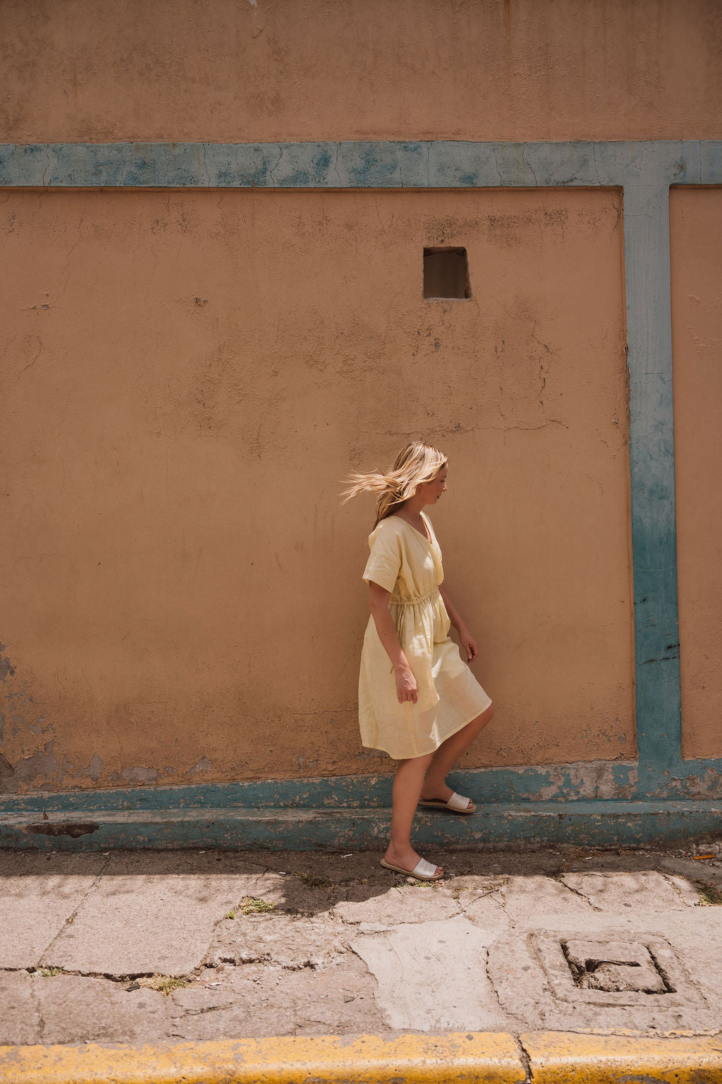Rose Drawstring Dress in Pale Yellow Linen