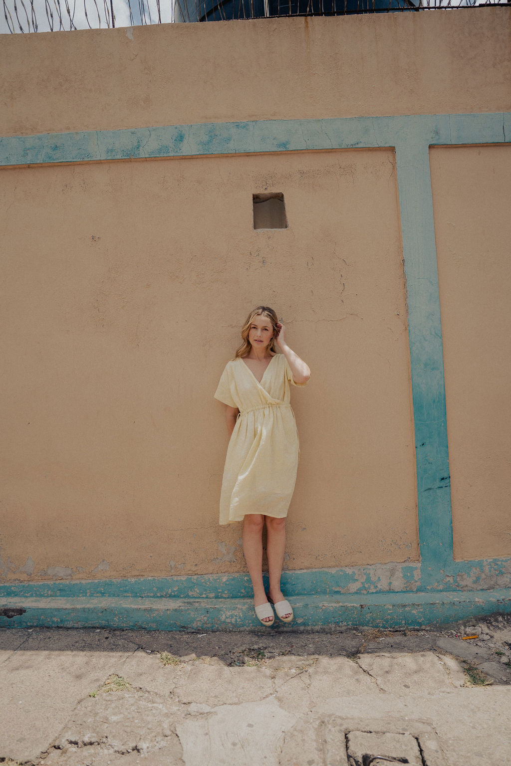 Rose Drawstring Dress in Pale Yellow Linen