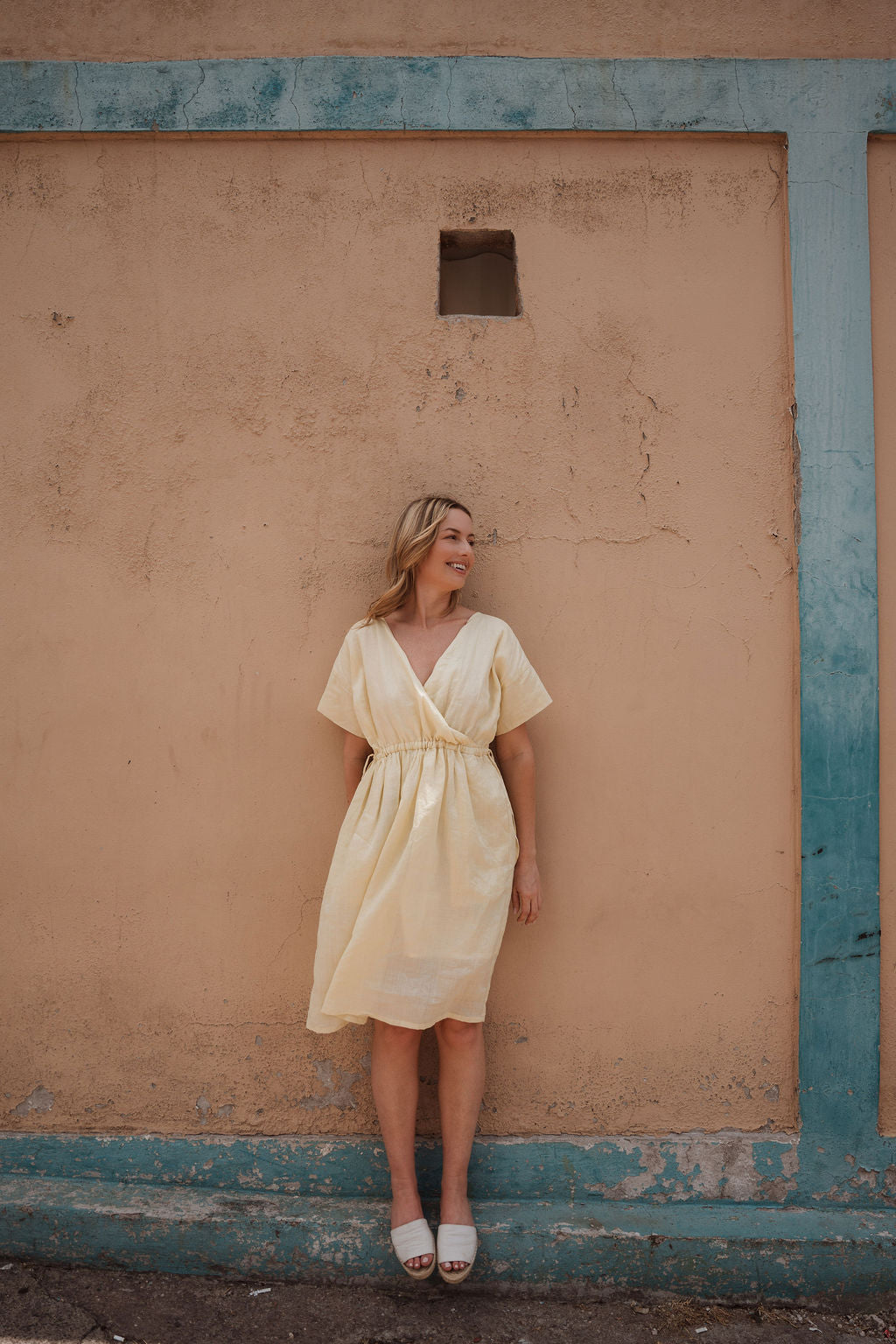 Rose Drawstring Dress in Pale Yellow Linen